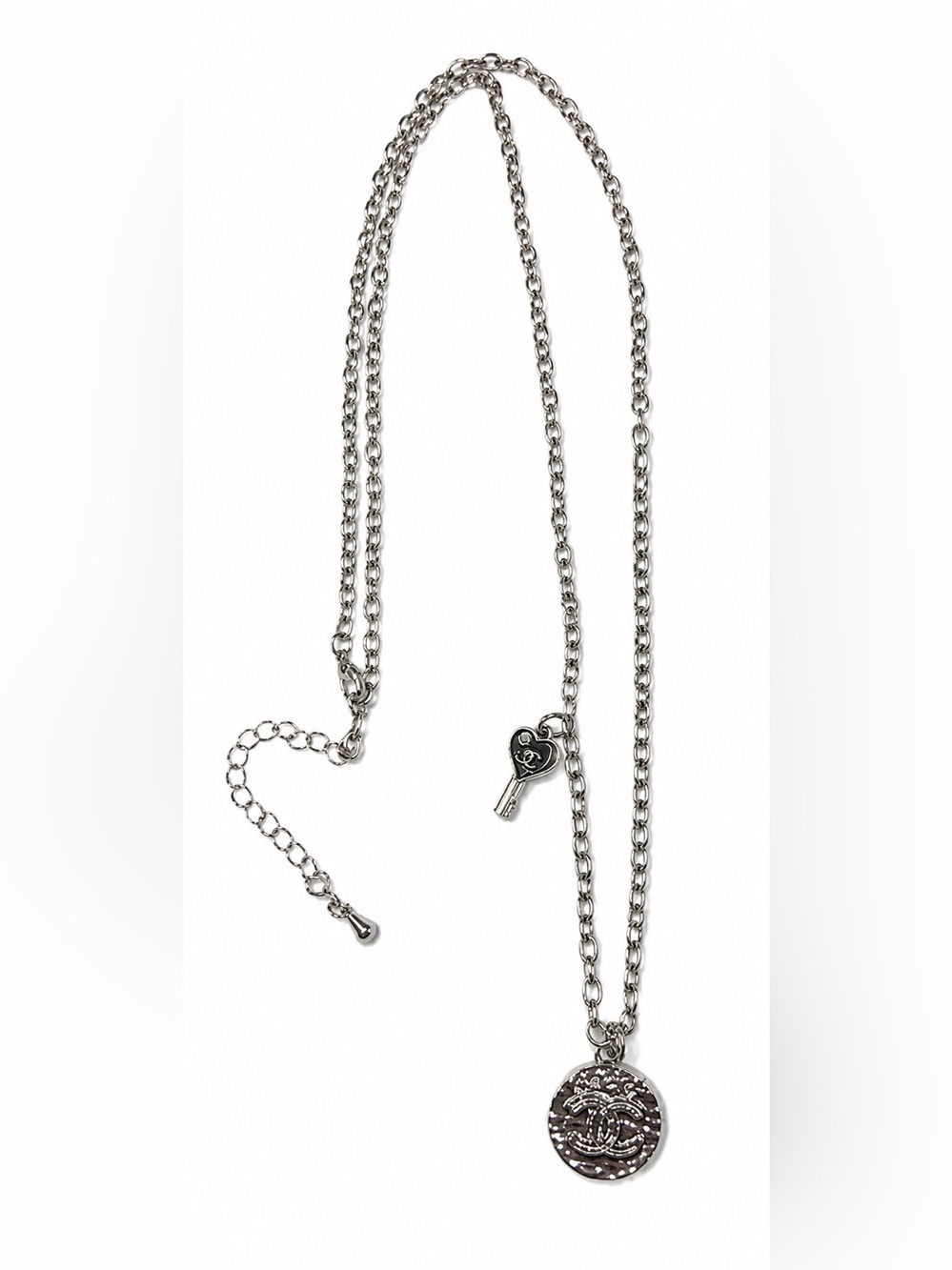 Upcycled Chanel Silver-Tone Chain Necklace Coin Pendant Heart Key Charm